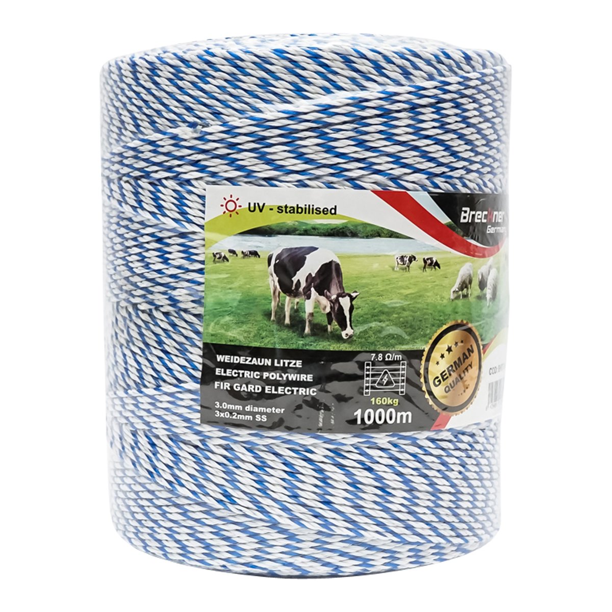 Rola fir alb-albastru fi 3mm. 3x0.2mm. SS, 7,8 Ohm/m, 1000m gard electric Breckner Germany